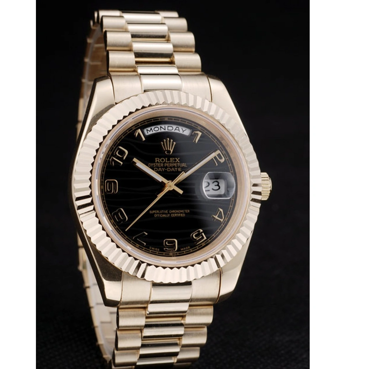 Aaa replica watch DayDate Rolex 41998 Gold Dial Steel Stainless Bezel Black Ribbed Swiss 1029